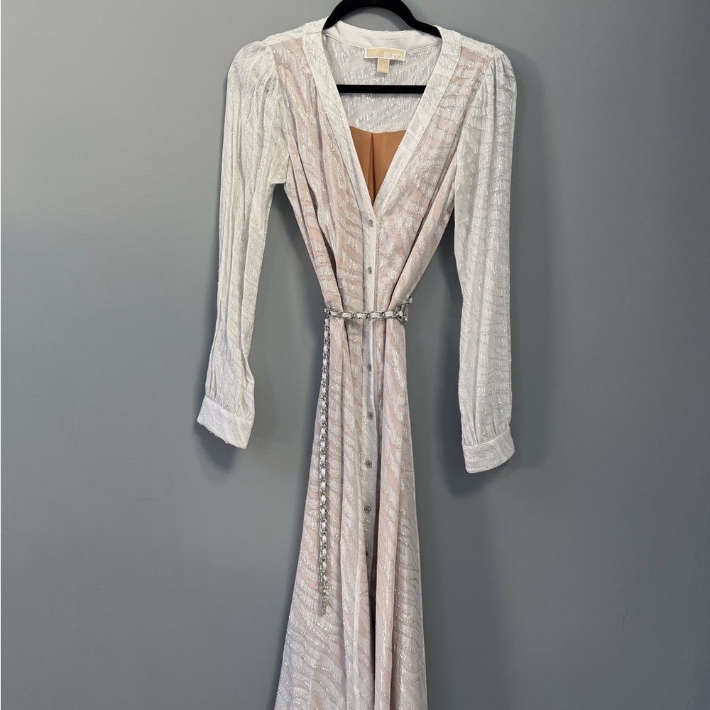 Michael Kors Metallic Zebra Pale Sheer Long-Sleeve Button Dress with Chain Belt